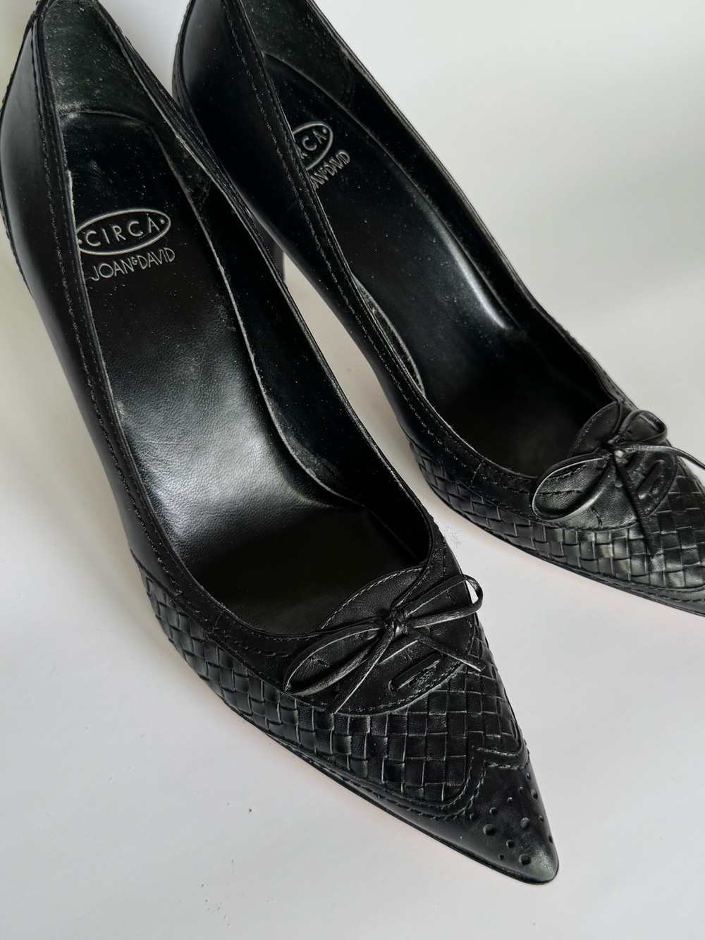 Joan & David Black Woven Leather Pointed Toe Heels with Bow